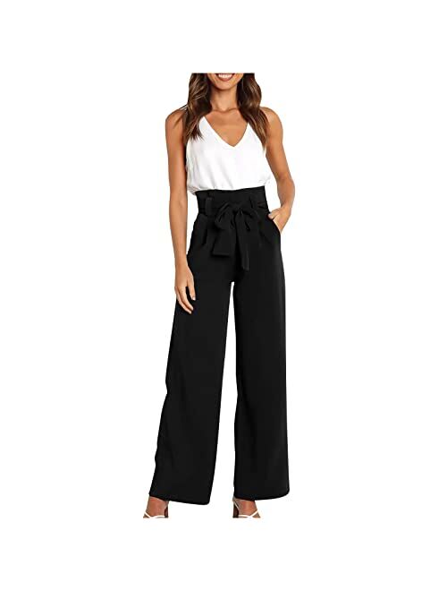 ZunFeo Wide Leg Dress Pants Women High Waist Drawstring Paperbag Pants Loose Fit Cute Casual Work Trousers Trendy 2023