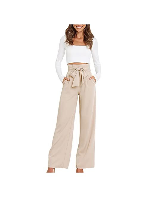 ZunFeo Wide Leg Dress Pants Women High Waist Drawstring Paperbag Pants Loose Fit Cute Casual Work Trousers Trendy 2023