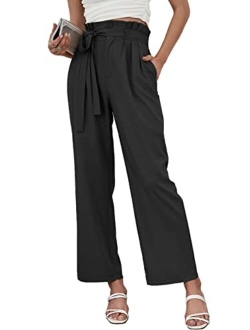 Yasiter Women's Casual Wide Leg Pants Bow Tie Elastic High Waist Botton Down Work Business Long Trousers