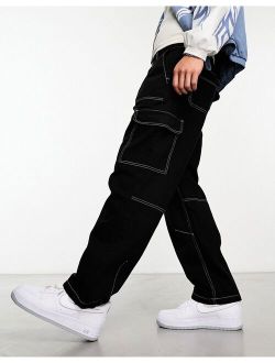 contrast stitch wide cargo in black