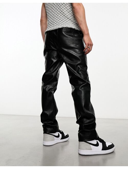 ASOS DESIGN straight leather look drawstring pants in black