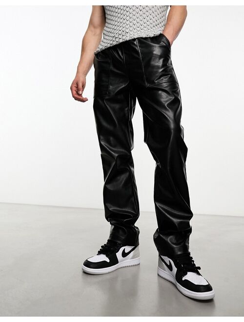 ASOS DESIGN straight leather look drawstring pants in black