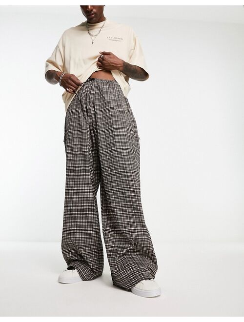 COLLUSION super flood skater fit parachute pants in brown check