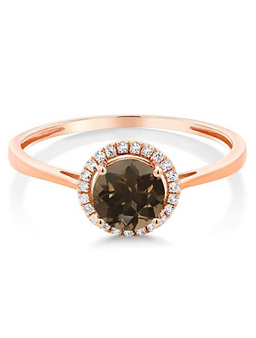 Gem Stone King 10K Rose Gold Diamond Ring with 0.98 Ct Round Brown Smoky Quartz (Available 5,6,7,8,9)