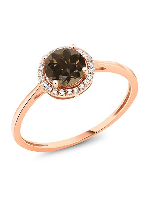 Gem Stone King 10K Rose Gold Diamond Ring with 0.98 Ct Round Brown Smoky Quartz (Available 5,6,7,8,9)