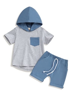 Oklady Baby Boy Clothes Short Sleeve Color Block Hoodie Tops Solid Shorts 2Pcs Toddler Boy Clothes 6Month-5T Summer Outfit