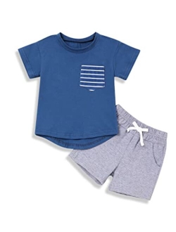 Oklady Baby Boy Clothes Short Sleeve Color Block Hoodie Tops Solid Shorts 2Pcs Toddler Boy Clothes 6Month-5T Summer Outfit