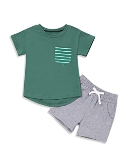 Oklady Baby Boy Clothes Short Sleeve Color Block Hoodie Tops Solid Shorts 2Pcs Toddler Boy Clothes 6Month-5T Summer Outfit