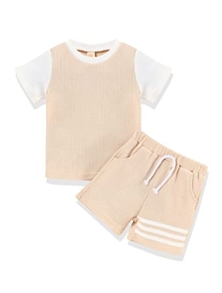 Oklady Baby Boy Clothes Short Sleeve Color Block Hoodie Tops Solid Shorts 2Pcs Toddler Boy Clothes 6Month-5T Summer Outfit