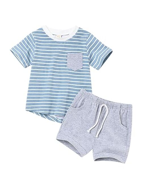 Oklady Baby Boy Clothes Short Sleeve Color Block Hoodie Tops Solid Shorts 2Pcs Toddler Boy Clothes 6Month-5T Summer Outfit