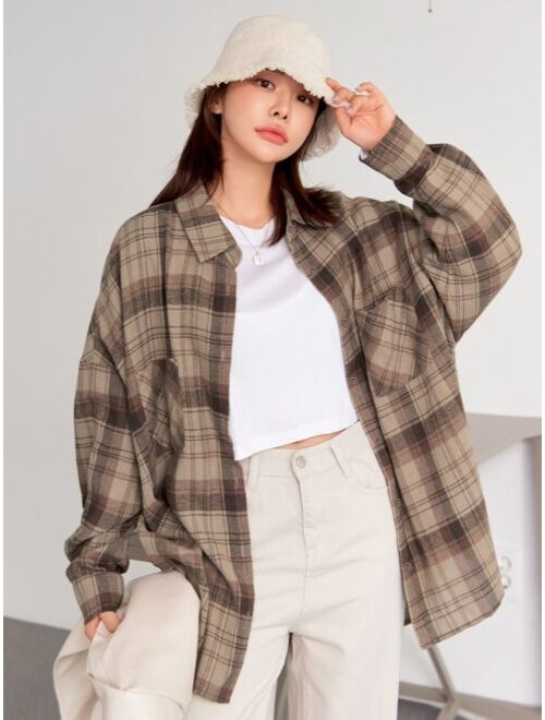 DAZY Tartan Pocket Front Drop Shoulder Blouse