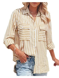 OMSJ Women's Striped Button Down Shirts Casual Long Sleeve Stylish V Neck Blouses Tops with Pockets