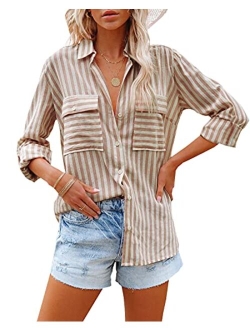 OMSJ Women's Striped Button Down Shirts Casual Long Sleeve Stylish V Neck Blouses Tops with Pockets