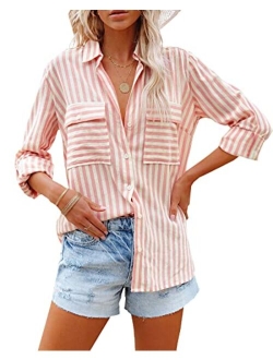 OMSJ Women's Striped Button Down Shirts Casual Long Sleeve Stylish V Neck Blouses Tops with Pockets