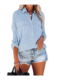 OMSJ Women's Striped Button Down Shirts Casual Long Sleeve Stylish V Neck Blouses Tops with Pockets