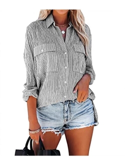 OMSJ Women's Striped Button Down Shirts Casual Long Sleeve Stylish V Neck Blouses Tops with Pockets