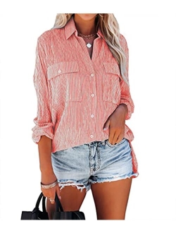 OMSJ Women's Striped Button Down Shirts Casual Long Sleeve Stylish V Neck Blouses Tops with Pockets