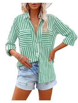 OMSJ Women's Striped Button Down Shirts Casual Long Sleeve Stylish V Neck Blouses Tops with Pockets