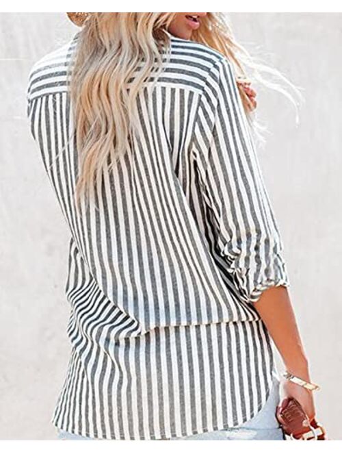 OMSJ Women's Striped Button Down Shirts Casual Long Sleeve Stylish V Neck Blouses Tops with Pockets