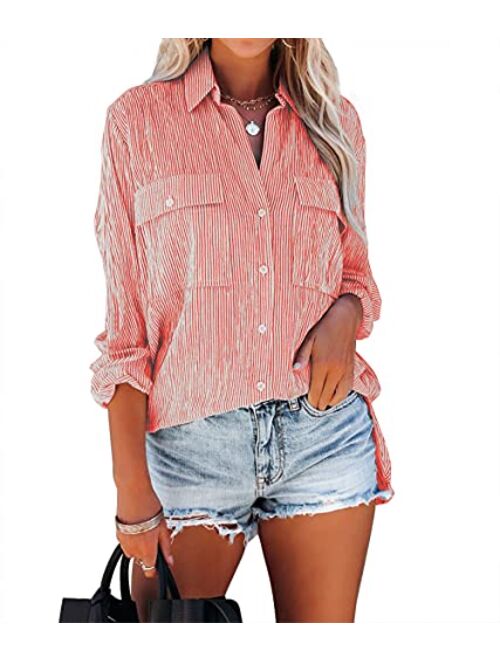 OMSJ Women's Striped Button Down Shirts Casual Long Sleeve Stylish V Neck Blouses Tops with Pockets