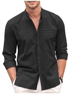 Mens Cotton Linen Shirt Long Sleeve Button Down Shirt Band Collar Beach Yoga Shirts