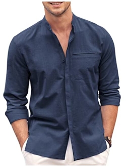 Mens Cotton Linen Shirt Long Sleeve Button Down Shirt Band Collar Beach Yoga Shirts