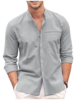 Mens Cotton Linen Shirt Long Sleeve Button Down Shirt Band Collar Beach Yoga Shirts