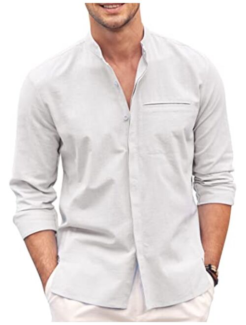 COOFANDY Mens Cotton Linen Shirt Long Sleeve Button Down Shirt Band Collar Beach Yoga Shirts