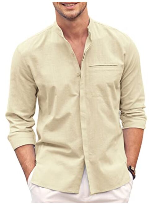 COOFANDY Mens Cotton Linen Shirt Long Sleeve Button Down Shirt Band Collar Beach Yoga Shirts