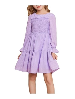 Girls Long Sleeve Casual Dress Tiered A-Line Crewneck Pleated Dress 5-12Years