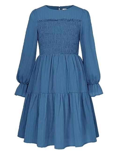 GRACE KARIN Girls Long Sleeve Casual Dress Tiered A-Line Crewneck Pleated Dress 5-12Years