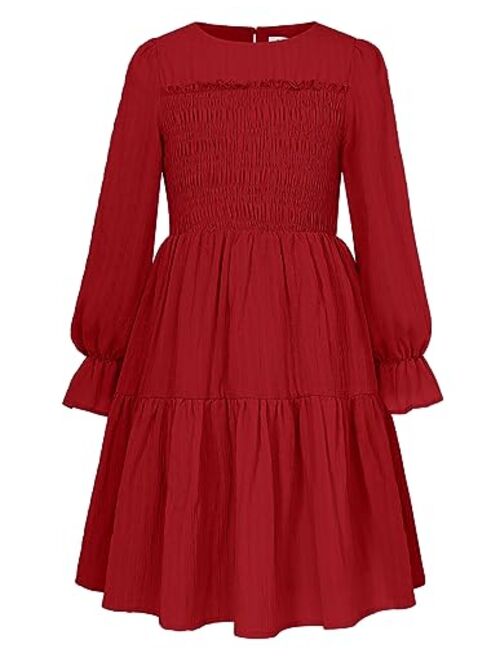 GRACE KARIN Girls Long Sleeve Casual Dress Tiered A-Line Crewneck Pleated Dress 5-12Years