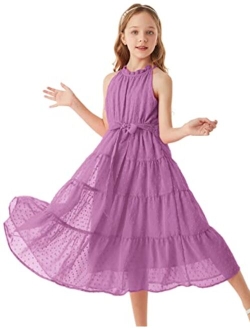 Girls Halter Neck Sleeveless Casual A-line Flowy Maxi Dress for 5-12 Years