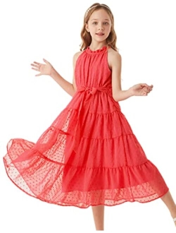 Girls Halter Neck Sleeveless Casual A-line Flowy Maxi Dress for 5-12 Years