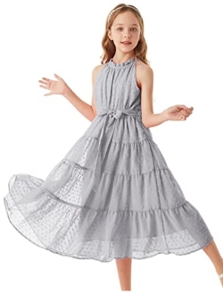 Girls Halter Neck Sleeveless Casual A-line Flowy Maxi Dress for 5-12 Years