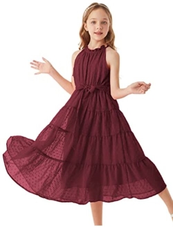 Girls Halter Neck Sleeveless Casual A-line Flowy Maxi Dress for 5-12 Years