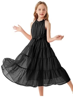 Girls Halter Neck Sleeveless Casual A-line Flowy Maxi Dress for 5-12 Years