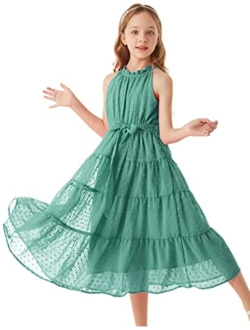 Girls Halter Neck Sleeveless Casual A-line Flowy Maxi Dress for 5-12 Years