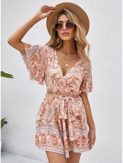 VCAY Surplice Front Allover Floral Belted Romper