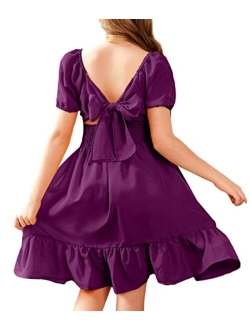 Girls Tie Back Short Sleeve Ruffle Hem Off Shoulder Casual Elegant Dresses 4-12 Years