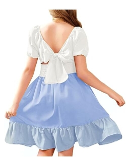 Girls Tie Back Short Sleeve Ruffle Hem Off Shoulder Casual Elegant Dresses 4-12 Years