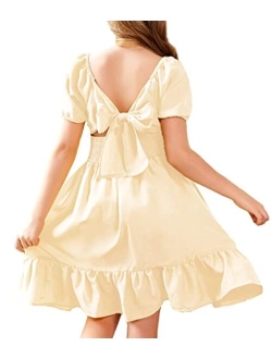 Girls Tie Back Short Sleeve Ruffle Hem Off Shoulder Casual Elegant Dresses 4-12 Years