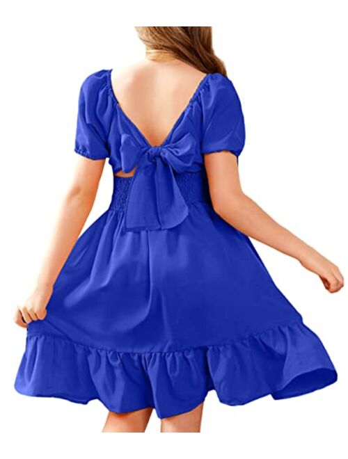 Arshiner Girls Tie Back Short Sleeve Ruffle Hem Off Shoulder Casual Elegant Dresses 4-12 Years