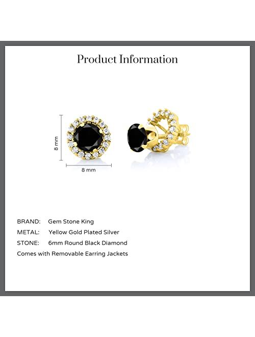 Gem Stone King 2.10 Ct Round Black AAA Diamond 18K Yellow Gold Plated Silver Removable Jacket Stud Earrings