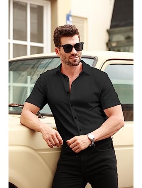 Runcati Mens Button Down Shirt Casual Short Sleeve Solid Color Hippie Yoga Plain Summer Beach Tops