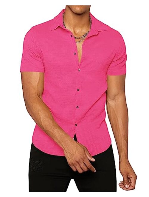 Runcati Mens Button Down Shirt Casual Short Sleeve Solid Color Hippie Yoga Plain Summer Beach Tops