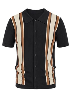 Runcati Mens Short Sleeve Polo Shirts Vintage Button Down Bowling Shirt Lightweight Striped Knitting Retro Golf Tops