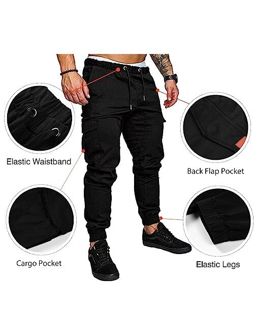 JMIERR Mens Fashion Cargo Pants - Casual Cotton Tapered Stretch Twill Drawstring Athletic Joggers Sweatpants with 6 Pockets