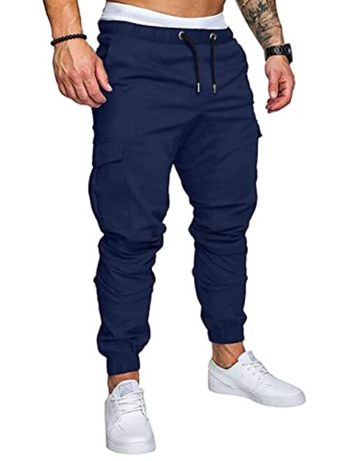 JMIERR Mens Fashion Cargo Pants - Casual Cotton Tapered Stretch Twill Drawstring Athletic Joggers Sweatpants with 6 Pockets