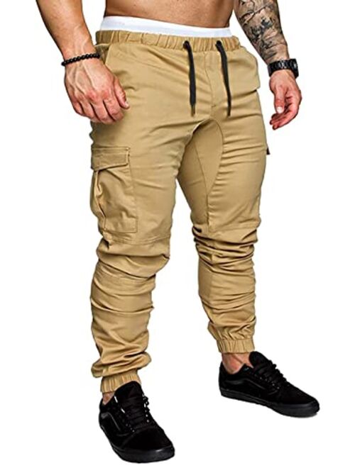 JMIERR Mens Fashion Cargo Pants - Casual Cotton Tapered Stretch Twill Drawstring Athletic Joggers Sweatpants with 6 Pockets